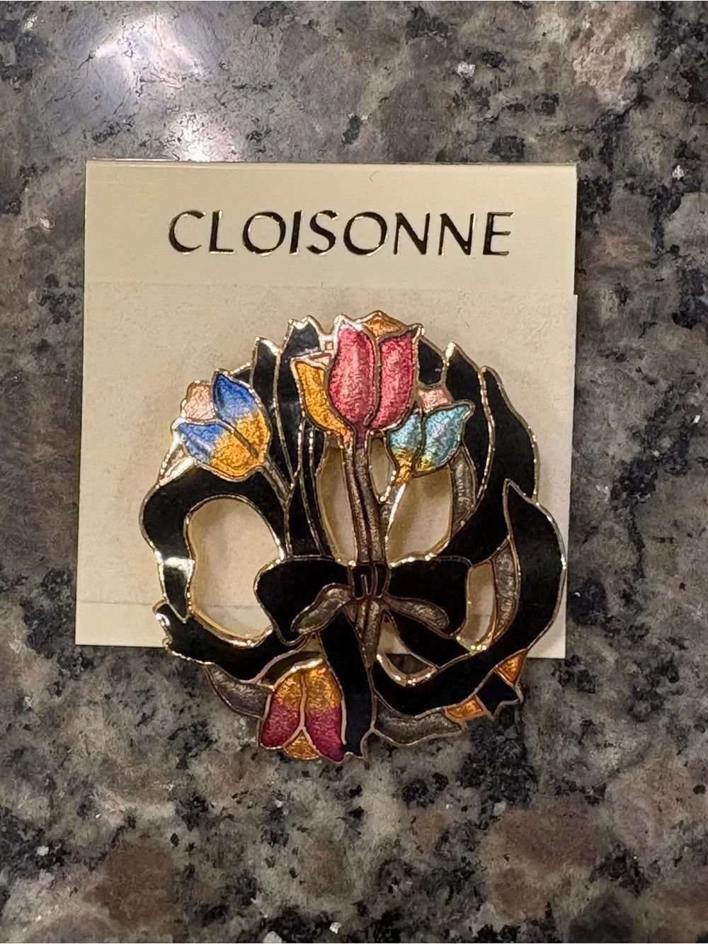 VTG Cloisonne Multicolor Floral Enamel Brooch - Gold Trim - Tulips